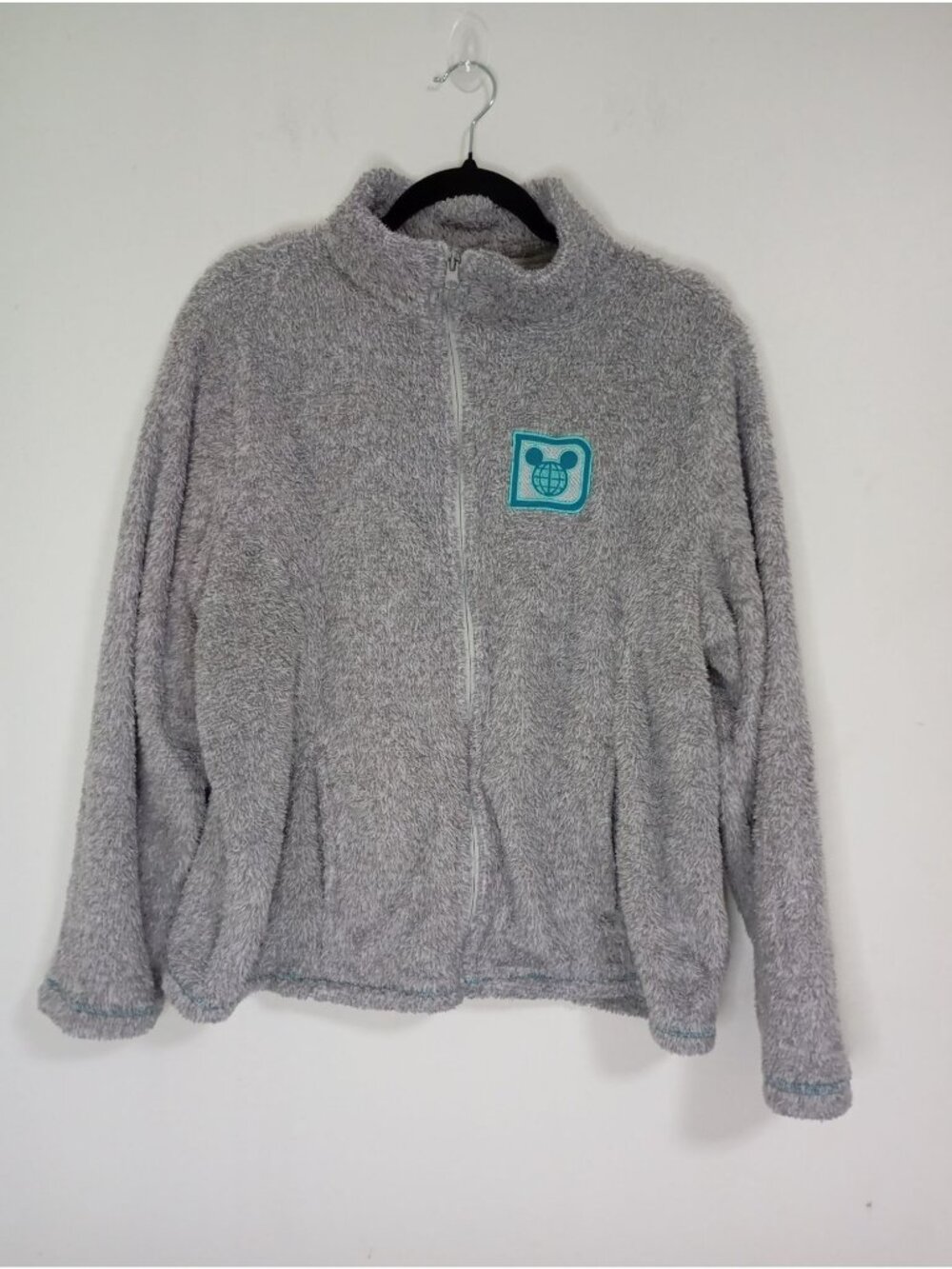 Disney Womens Fuzzy Zip-Up Jacket Mickey Patch Light Gray Size L Cozy & Stylish